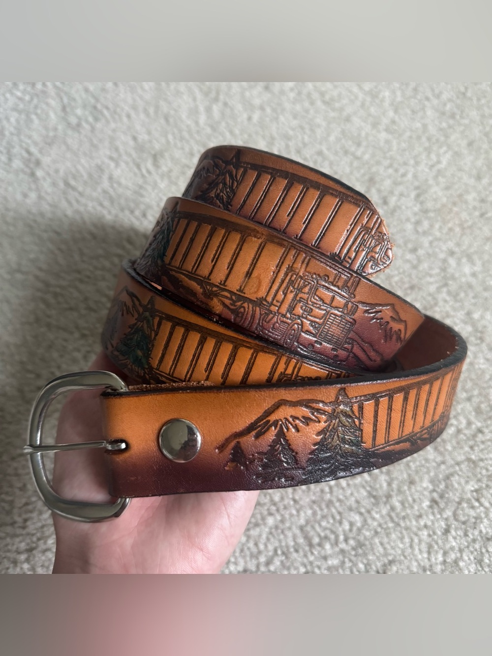 Trucker Mack / Semi Truck Mountain Outdoors Scene Brown Vintage Leather Belt